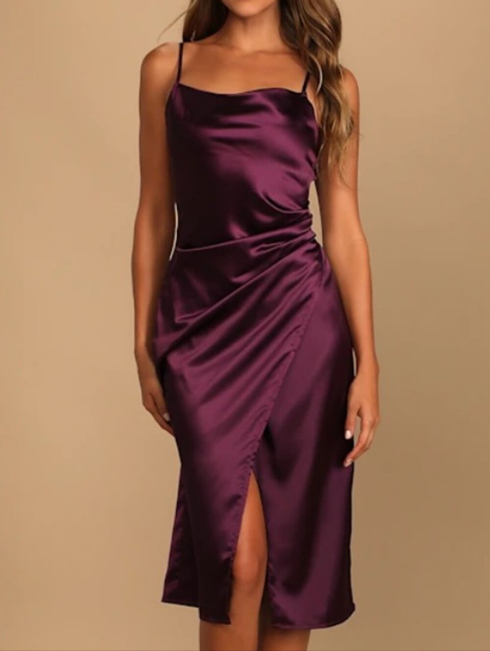 Lulu's Satin Cowl Midi Dress in Plum